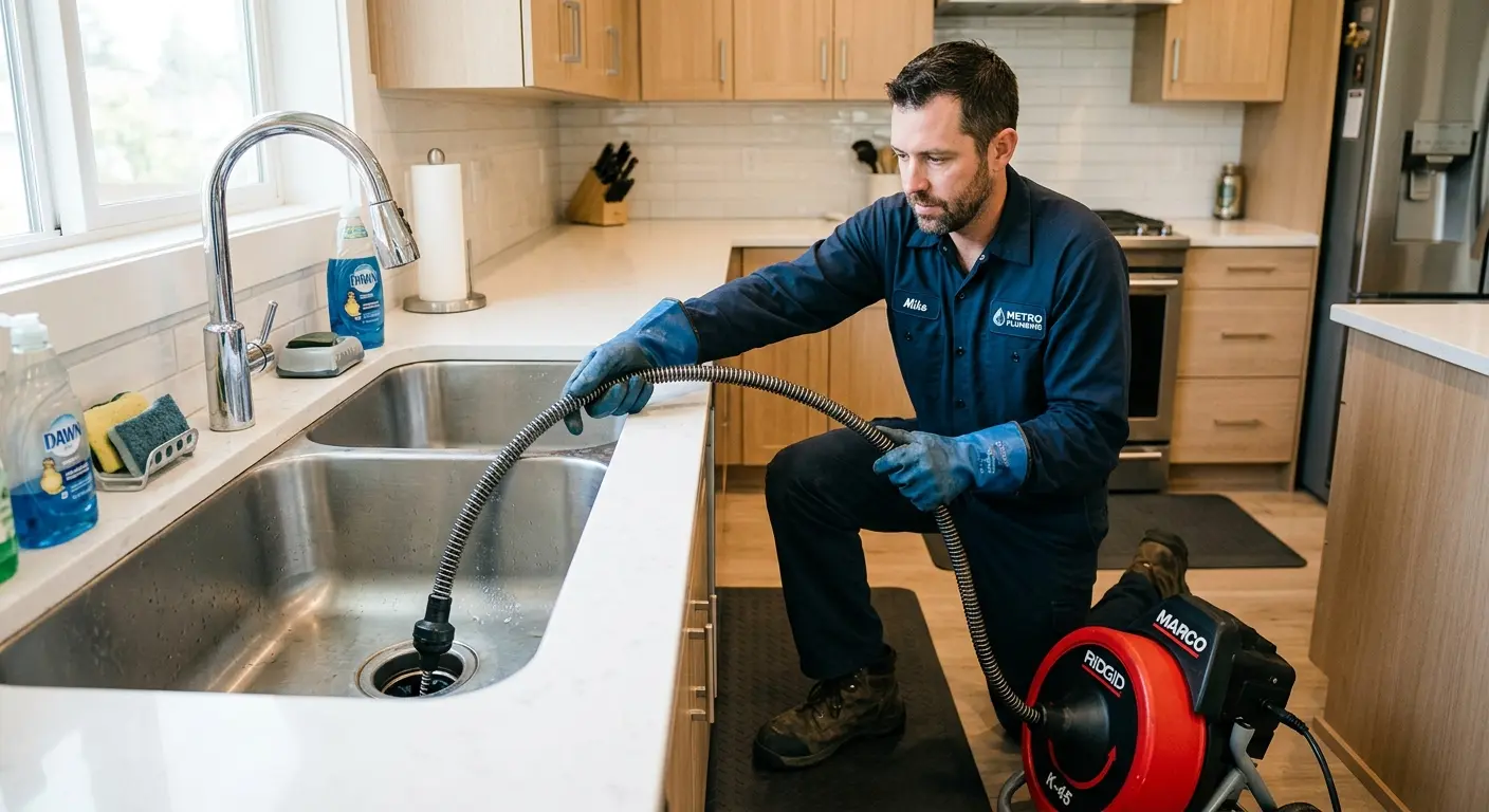 Drain cleaning technician using a motorized snake on a kitchen sink in Fairbanks