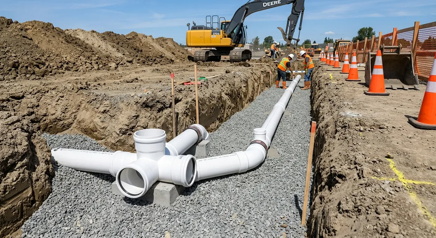 New PVC sewer pipe installation in open trench for Sewer Backup in Fairbanks