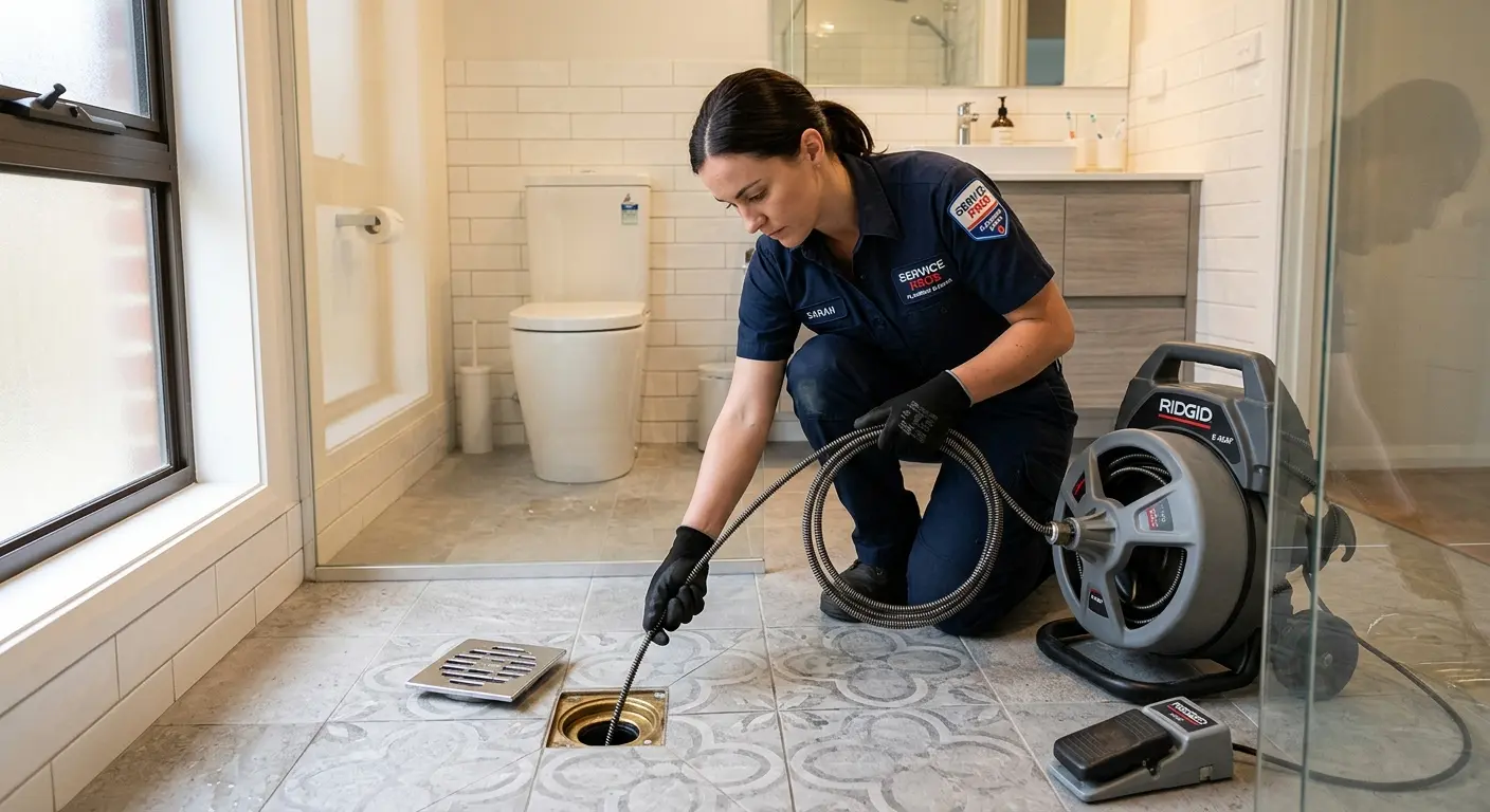 Technician clearing a bathroom floor drain for Drain Cleaning in Fairbanks